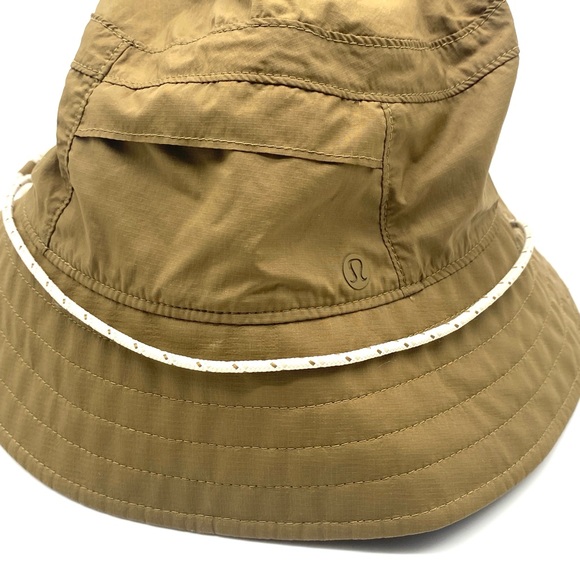 LULULEMON OLIVE ARMY GREEN Patch Logo Bucket Hat Chin Strap Cord Unisex M / L - Picture 3 of 8